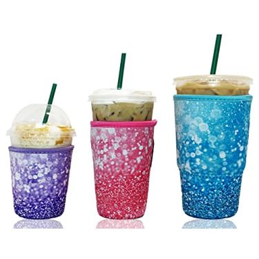 Imagem de Manga de café gelado Baxendale para copos de bebida fria - Pacote com 3 capas de copo de manga de café gelado de neoprene para bebidas frias, reutilizável compatível com Starbucks Dunkin, 4 mm de espessura (3 PK P/M/G, Glitter Mix #1)