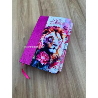 Imagem de Biblia Glitter Leao rosa perfil Abas adesivas ja coladas - Com harpa L