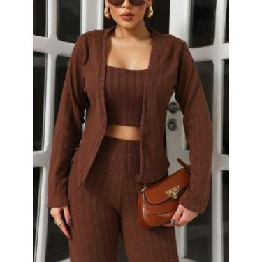 Imagem de Conjunto de calça, cropped e cardigan 3 peças cod2072 - LALOKA, Marrom