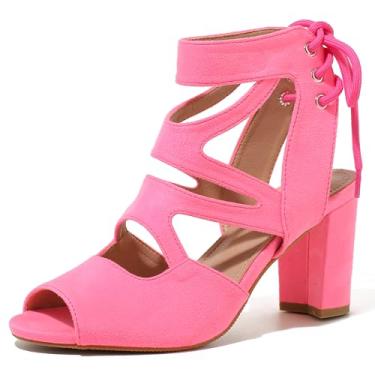 Imagem de fereshte Sandália feminina gladiadora com tiras com cadarço, vazada, salto alto grosso, Rosa choque, 35