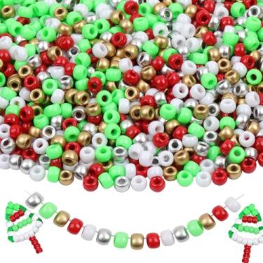 Imagem de KAKW Miçangas de pônei, 1000 peças, contas de plástico para pulseira, pulseiras da amizade, contas para trança de cabelo, contas de 6 x 9 mm para fabricação de joias (verde vermelho branco glod