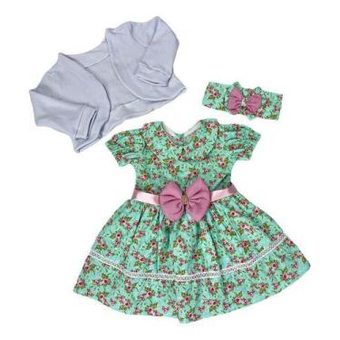 Imagem de Vestido De Bebe C/ Bolero E Tiara 100% Algodão Luxo Reborn - Mimos da 