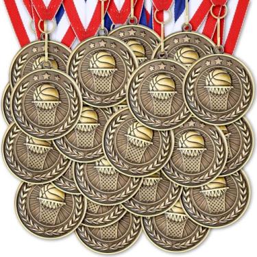 Imagem de Loetere Medalhas de prêmio de 60 peças, troféus esportivos de bronze a granel com fitas de pescoço Medalhas de torcida para vencedor de pista de vencedor de 5 cm para suprimentos de festa esportiva,
