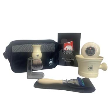Imagem de Deluxe Higiene masculina GBS Set Dopp Kit Marfim Compatível w / 5 da lâmina de lâmina & Case, Badger escova de cerdas Levante 4.5" Soap Shave Glicerina Diâmetro Caneca cerâmica de Higiene Pessoal Travel Bag + Natural