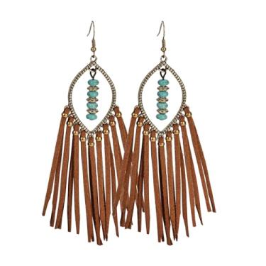 Imagem de Brincos longos de couro com franja boêmia, feitos à mão, brincos de borla com turquesa, brincos longos pendurados para mulheres e meninas, joias de rodeio, Couro, Sem pedra preciosa