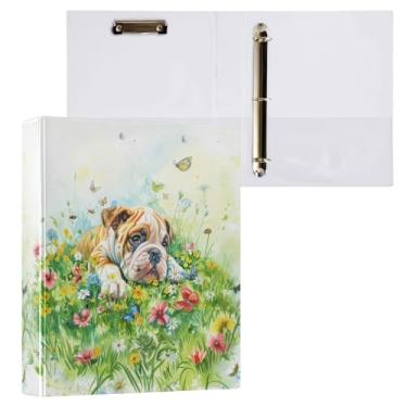 Imagem de Fichário de 3 anéis de flores para cães Bulldog com 3,8 cm decorativo de 3,8 cm com prancheta e 3 bolsos transparentes, comporta 200 folhas de papel tamanho A4, fichários à prova d'água para escola,