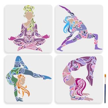 Imagem de MAYJOYDIY 4 peças de estêncil feminino com pose de ioga, 30 x 29 cm, grande estêncil de ginástica artística com pincel de tinta, estampa mandala, roupas de ioga, modelos femininos para janelas, ioga,