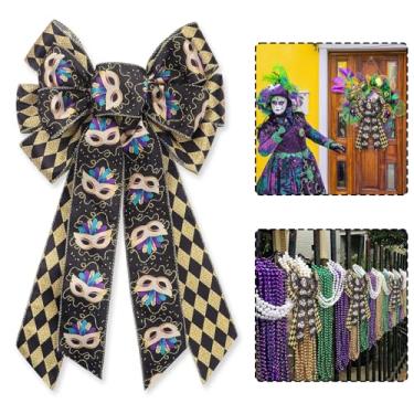 Imagem de Laço grande de carnaval arlequim fita dourada preta com elementos coloridos de máscara 29 x 51 cm x 51 cm laço de coroa de carnaval com fio para decoração de festas internas e externas