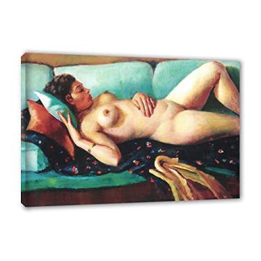 Imagem de Mahmoud Said pinturas famosas arte de parede em tela - Impressões em tela giclée esticadas e emolduradas - DEITADO NO DIVAN AZUL, 1938 polegadas, reprodução de imagem em tela 60 x 90 cm (24 x 35 pol)