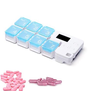 Imagem de Organizador de 7 Days Pill Dispenser com Alarm de Lembrança,Daily Medicine Dispenser,Portable Weekly Pill Box,Viajar vitaminas óleos de peixe pequenos suplementos Caso de Medicina (Blue)