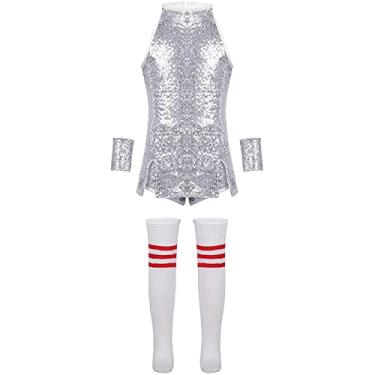 Imagem de KKmeter Kids Girls Cheerleading Outfit Sleeveless Crop Top with Skirts School Dance Cheer Leader Uniform Cosplay Costumes (Sequin Silver, 5-6)