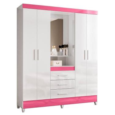 Imagem de Guarda Roupa Solteiro Capelinha Capri 4 Portas E 3 Gavetas Flex Branco Rosa Com Espelho Moval Branco Rosa