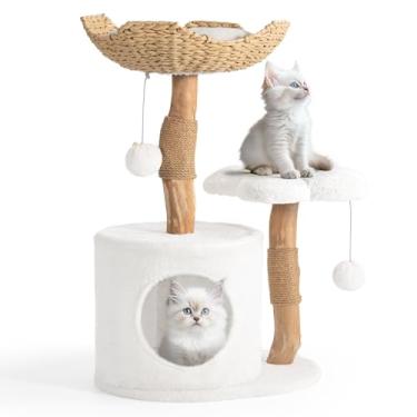 Imagem de Easyego Mini árvore moderna para gatos, torre de madeira maciça com tapete para todas as estações, cesta tecida à mão, plataforma de flores e condomínio para gatos, lindas árvores estéticas para gatos