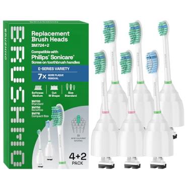 Imagem de Brushmo Cabeças de escova de dentes de substituição e-Series, compatíveis com alças de escova de dentes rosqueadas Philips Sonicare, 6 cabeças variadas (padrão, compactas e sensíveis), cerdas Dupont,