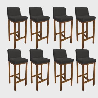 Imagem de Kit 08 Banqueta Alta Com Encosto Aila Cozinha Balcão Bistrô Base Madeira Castanho Suede Cinza - Ahz Móveis
