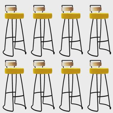 Imagem de Kit 08 Banqueta Alta Alice Bar Balcão Cozinha Com Encosto Madeira Ferro Preto Sintético Amarelo - Ahz Móveis