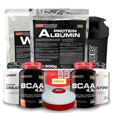 Imagem de Kit Whey Protein 500g + Albumin Protein 500g + 2x BCAA 100g Tang + 2x Creatina 100g + Coqueteleira + Porta Cáps - Bodybuilders (Grande, Baunilha)