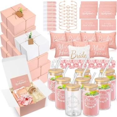 Imagem de FillTouch 64 peças de presentes de dama de honra incluem caixa de presente de casamento para chá de panela, sacos de maquiagem, cartões convidados, copo de vidro, protetor labial, pulseiras com nó de