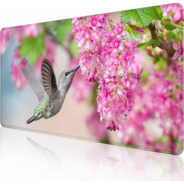 Imagem de Beija-flor com ramo de flores rosa tapete de mesa tapete de mesa grande mouse pad gamer mousepad estendido XXL teclado pad 35 x 15 cm laptop computador mouse tapete para decoração de mesa de