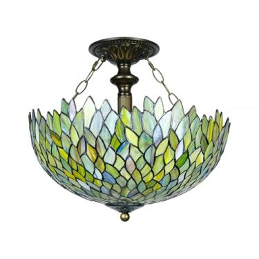 Imagem de GILGGAK Luminária De Teto Tiffany, Vitral Verde Com Glicínias, Semi-Embutido, Ampla, 16 Polegadas De Altura, 15 Polegadas, Luminária De Teto Tiffany