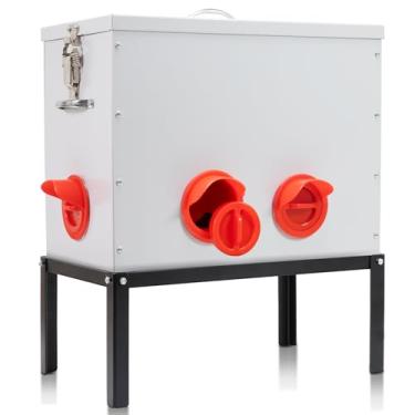 Imagem de Alimentador automático de frango com tampa e base de bloqueio, alimentador de frango grande de metal com 6 bocas de 18 kg, sem desperdício, adequado para galinheiro