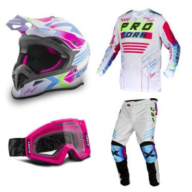 Imagem de Kit Motocross Fast Next Camisa Calça Óculos Capacete - PRO TORK, BRANC