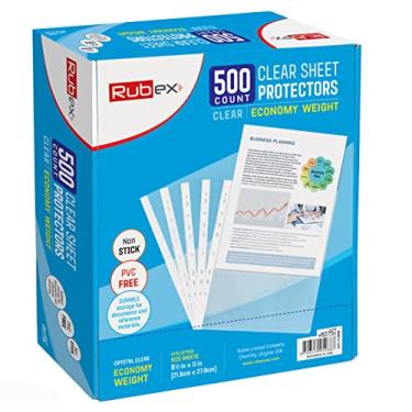 Imagem de Rubex Protetores de lençol 21,6 x 28,9 cm, capas de plástico reforçadas com 11 furos, adequado para fichário de 3 anéis, carregamento superior 23,5 x 28,5 cm (500 folhas)