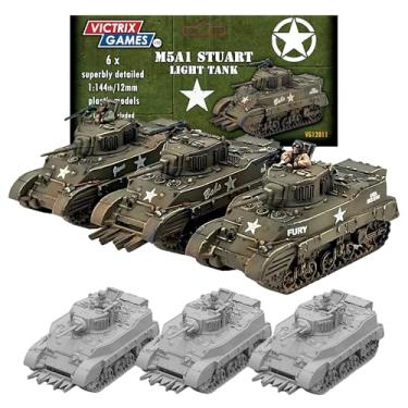 Imagem de Wargames Delivered Conjunto de tanques M5 Stuart – 6 tanques leves altamente detalhados de 12 mm (1:144) da Segunda Guerra Mundial com folha de decalque – Perfeito para Bolt Action, Flames of
