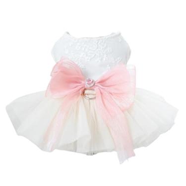 Imagem de Harikaji Vestido de casamento para cães pequenos, vestido formal de gato, véu de noiva, tutu e gato, para festa de casamento, festa de aniversário (laço rosa, G)