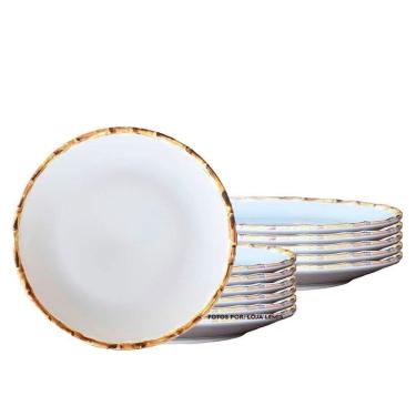 Imagem de Jogo 12 Pratos Rasos 27cm Borda De Bambu Cerâmica 1ª Linha Scalla