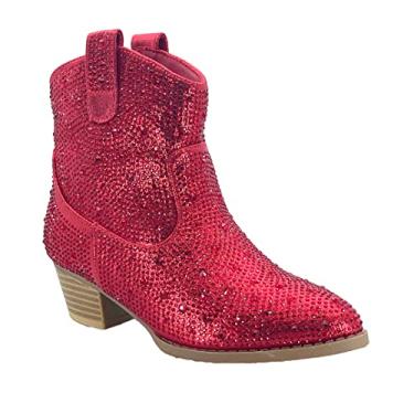 Imagem de ABSOLEX Bota Feminina Estilo Cowboy Cowgirl Com Strass E Salto Grosso, Vermelha, 10