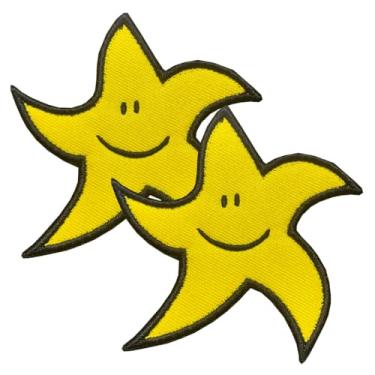 Imagem de Yellow Dancing Five Stars Colorido Bonito Rosto Feliz, 2 Peças, Recompensa Bonita Engraçada Moderna Meme Motociclista Emblema Bordado para Chapéu, Mochila, Roupas, Bolsas, Uniforme, Arreio de Cachorro