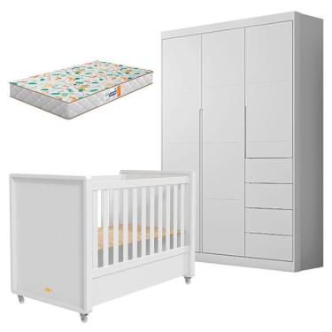 Imagem de Berço Americano Tutto New E Guarda Roupa Infantil Eloá Branco Acetinado Com Colchão Gazin - Phoenix Baby