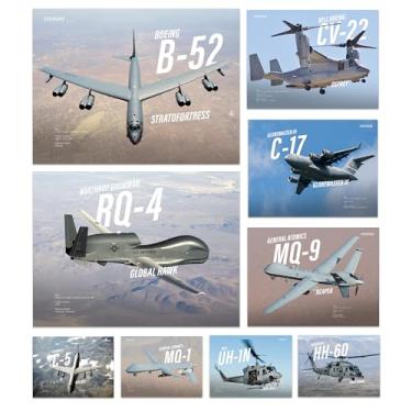 Imagem de Wallbuddy Conjunto de 9 pôsteres de aeronaves militares modernas | Impressões de arte de parede de aviação decoração de jatos da Força Aérea dos EUA, helicópteros e drones | Impressões táticas de