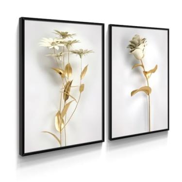 Imagem de Quadros Decorativos com Moldura e Vidro Tamanho A3 Flor Botanico Dourado Luxo Sala Gold (Preta, Com Vidro)
