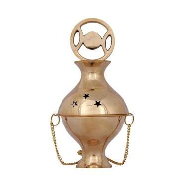 Imagem de Indian Consigners Suporte de queimador de carvão de incenso de altar de latão com corrente (lua tripla)