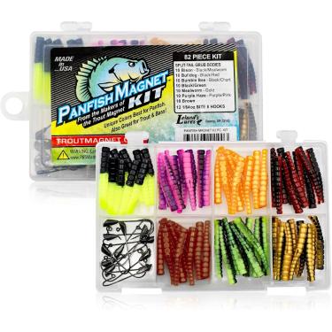 Imagem de Trout Magnet Kit de ímã Panfish de 82 peças, com um gancho de dardo mais longo, inclui 70 corpos de cauda dividida, 12 ganchos pretos tamanho 8 Mustad, captura todos os tipos de peixes