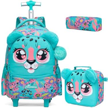 Imagem de ZBAOGTW Mochila escolar com rodinhas para meninas com rodinhas para meninas, Oncinha verde