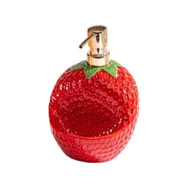 Imagem de HAN SHENG Dispensador de sabão de cerâmica de morango com bomba dourada, frasco de loção vintage fofo de 700 ml para decoração de cozinha e banheiro - Sabonete para as mãos, detergente para louça