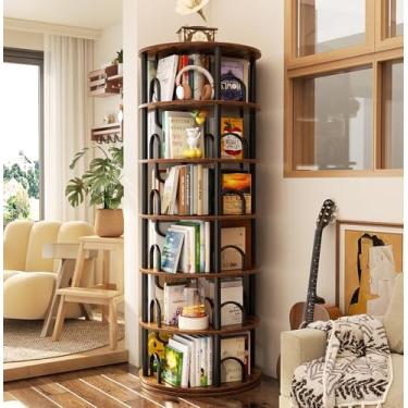 Imagem de Aheaplus Torre de estante rotativa de 6 níveis, estante giratória, prateleira redonda de 360°, estantes giratórias estreitas, organizador de estante de canto vertical para espaços pequenos, marrom