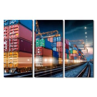 Imagem de Arte de parede em tela 3 painéis de transporte de arte de parede recipiente de carga trem de carga imagens impressas em tela para decoração de parede doméstica distribuição física transporte imagens