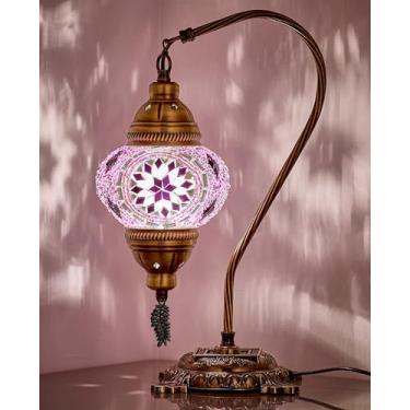 Imagem de DEMMEX Candeeiro de mesa de mosaico marroquino turco – Cabeceira artesanal de vidro colorido com gola de cisne, mesa, luminária de mesa, iluminação de destaque artesanal boho para quarto ou sala de