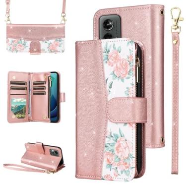 Imagem de Furiet Capa carteira floral para Motorola Moto G 5G 2024 com alça de pulso/ombro, suporte de cartão de couro PU com glitter de luxo acessórios para celular G5G 5 G G5 feminino ouro rosa