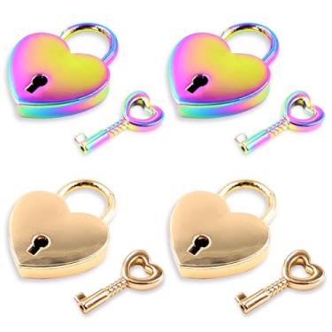 Imagem de 4 peças mini fechadura e chave em forma de coração, conjunto de pequenas fechaduras de metal com chaves, pequeno cadeado para caixa de armazenamento de livros, cadeado em forma de coração para ponte
