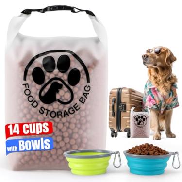 Imagem de Aosnare Bolsa de viagem para comida de cachorro com 14 xícaras com 2 tigelas dobráveis para viagem, ideal para acampamento, hospedagem para cães, transparente