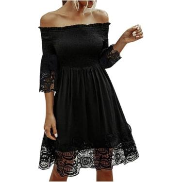 Imagem de Vestido De Renda Ombro A Ombro Feminino Casual Feminino Com Babados Floral Sólido Vestido De Manga Flare Praia Vintage Elegt Vestido De Festa, Black, S