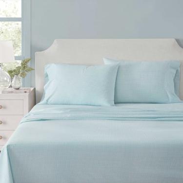 Imagem de Martha Stewart - Jogo de lençóis Queen Size, frescos e personalizados com um toque leve de algodão percal naturalmente suave - Lençóis de cama com fronhas e lençol de elástico combinando (azul guingão