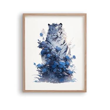 Imagem de RoyoLam Impressões de arte de parede em tela de tigre branco com flores azuis - sem moldura 20 x 25 cm, decoração de berçário estilo anime japonês para quarto de crianças e sala de jogos