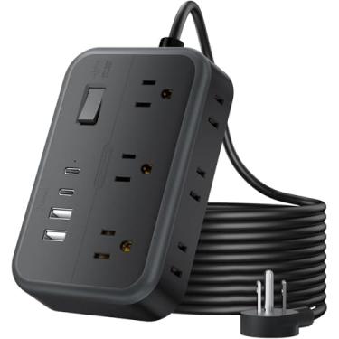 Imagem de Cabo de extensão de plugue plano de 25 pés, NTONPOWER 6 tomadas amplamente espaçadas (2 lados) régua de alimentação com 4 portas USB, proteção contra sobrecarga, estação de carregamento de montagem na
