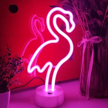 Imagem de JYWJ Sinais de neon de flamingo com base de suporte, luz neon alimentada por bateria USB ou 3-AA, luzes de LED, decoração de parede para quarto de meninas, presente de aniversário de crianças